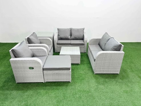 Fimous 7 Seater Outdoor Reclining Chair Love Sofa Set Rattan Garden Furniture Set with Square Coffee Table Footstool Side Table Light Grey Image