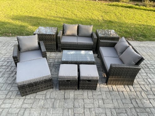 Fimous Rattan Garden Furniture Set 8 Seater Patio Outdoor Lounge Sofa Chair Set with Rectangular Coffee Table 3 Footstools 2 Side Tables Dark Grey Mixed