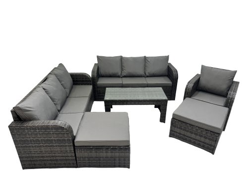 Fimous Rattan Garden Outdoor Furniture Set 3 Seater Sofa Reclining Chair Coffee Table with 2 Big Footstools Dark Grey Mixed