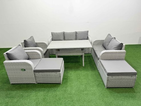 Fimous PE Rattan Garden Furniture Set Reclining Chair Sofa Double Love Seat 2 Seater Sofa Lounge Set Rectangular Dining Table 2 Big Footstool Light Grey