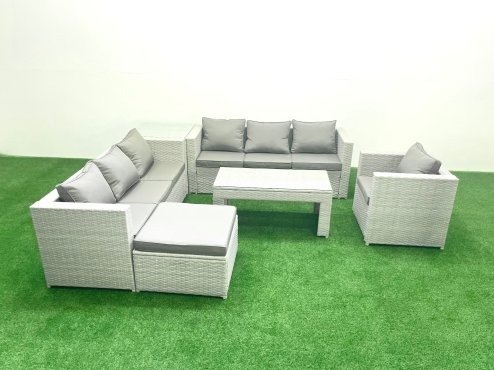 Fimous Wicker PE Rattan Sofa Garden Furniture Set with Oblong Coffee Table Armchair Big Footstool Side Table Light Grey Mixed