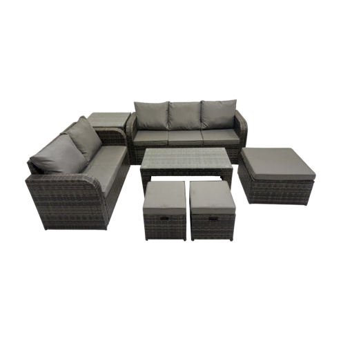 Fimous Rattan Garden Outdoor Furniture Set 3 Seater Sofa Love Sofa Coffee Table with 3 Footstools Side Table Dark Grey Mixed