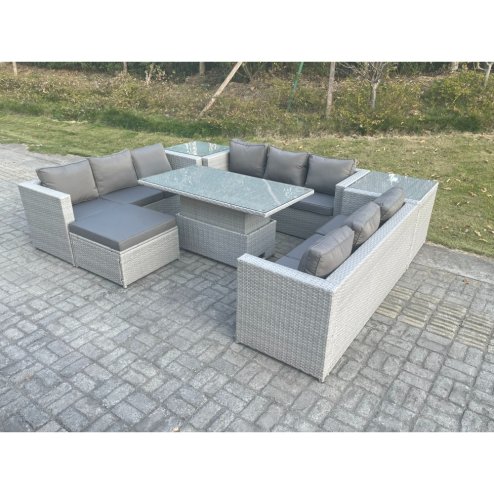 Fimous U Shape Lounge Rattan Garden Furniture Set Height Adjustable Rising Lifting Table Dining Set With 2 PC Side Coffee Table Footstool