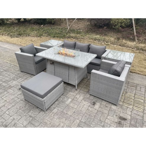 Fimous Rattan Garden Furniture Set Gas Fire Pit Lounge Sofa Chair Dining Set With 2 Side Table And 2 PC Arm Chair Footstool