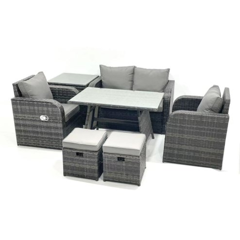 Fimous Outdoor Garden Furniture Set Rattan Sofa Dining Table Set with Reclining Chair Side Table 2 Small Footstool Dark Grey Mixed