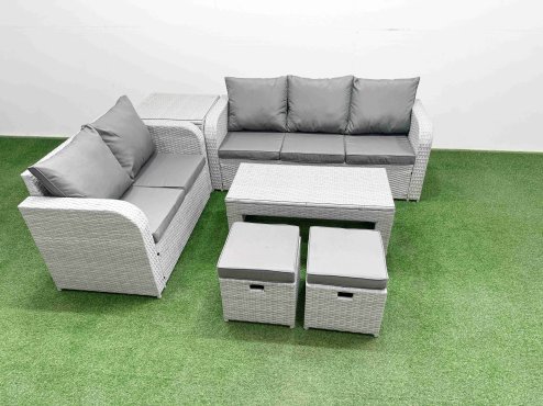 Fimous 7 Seater PE Rattan Wicker Garden Furniture Patio Conservatory Sofa Set with Oblong Coffee Table 3 Seater Sofa Love Sofa 2 Stools Side Table