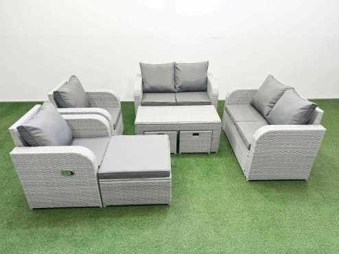 Fimous 9 Seater Outdoor Reclining Chair Love Sofa Set Rattan Garden Furniture Set with Oblong Coffee Table 3 Stools Light Grey Image