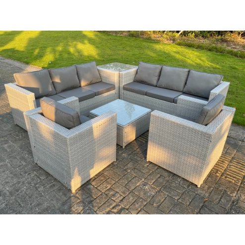 Fimous Light Grey Corner Rattan Garden Outdoor Sofa Set Chairs Sofa Side Table Square Coffee Table 8 Seater