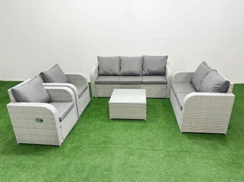 Fimous PE Rattan Garden Furniture Set Adjustable Chair Sofa Double Love Seat 2 Seater Sofa Lounge Set Square Coffee Table Light Grey Image