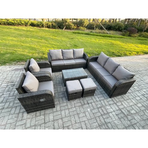 Fimous Rattan Outdoor Garden Furniture Sofa Set Patio Table & Chairs Set with 3 Seater Sofa Reclining Chair 2 Small Footstools Dark Grey Mixed
