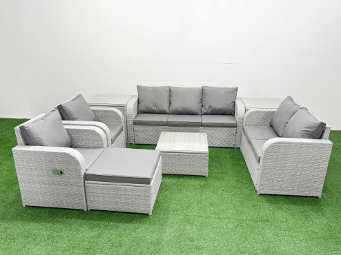 Fimous PE Rattan Garden Furniture Set Adjustable Chair Sofa Double Love Seat 2 Seater Sofa Lounge Set Square Coffee Table Big Footstool 2 Side Table Light Grey
