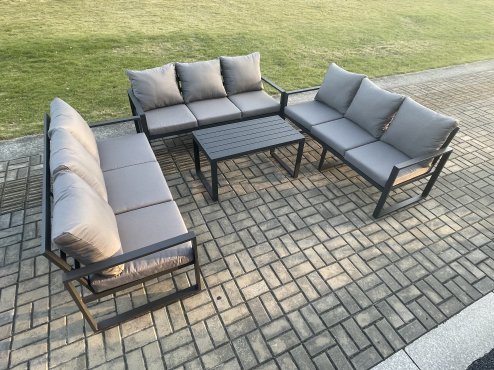 Fimous Aluminium 9 Seater Outdoor Garden Furniture Set Lounge Sofa Oblong Coffee Table Sets with Cushions Dark Grey