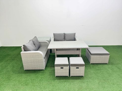 Fimous 7 Seater Outdoor Love Sofa Set Rattan Garden Furniture Set with Rectangular Dining Table 3 Footstool Side Table Light Grey