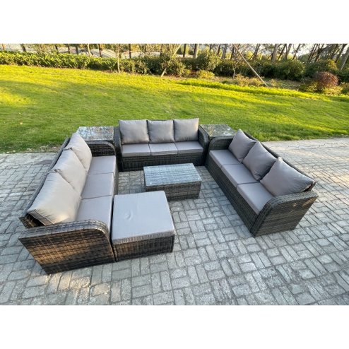 Fimous Rattan Lounge Sofa Set 10 Seater Outdoor Garden Furniture Set with Rectangular Coffee Table 3 Seater Sofa 2 Side Tables Big Footstool Dark Grey Mixed
