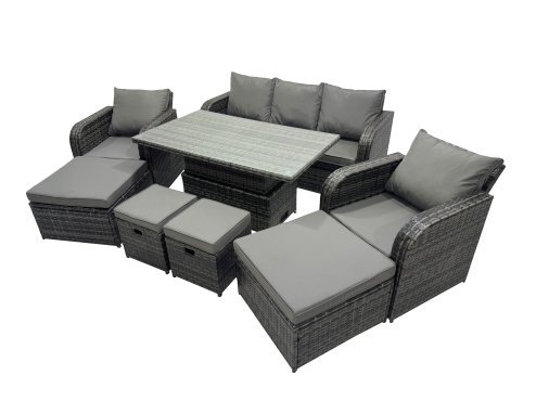 Fimous Rattan Garden Furniture Dining Set 8-seater Patio Height Adjustable Rising Lifting Table Sofa Set with 4 Footstools Dark Grey Mixed