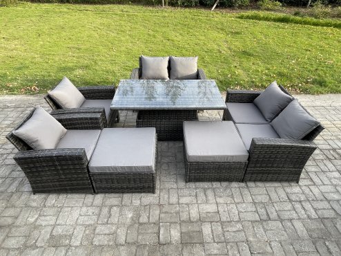 Fimous 8 Seater Wicker Rattan Garden Furniture Rising Table Set with 2 Big Footstool Double Seat Sofa Armchairs Dark Grey Mixed