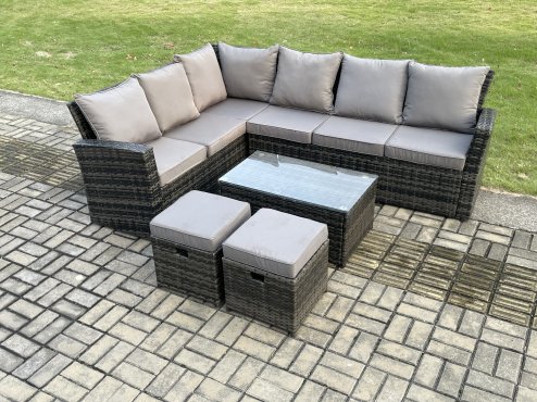 Fimous 8 Seater Outdoor Furniture Garden Dining Set Rattan Corner Sofa Set with Rectangular Coffee Table 2 Small Footstools Dark Grey Mixed