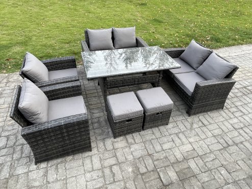 Fimous Rattan Garden Furniture Set Patio Outdoor Lounge Sofa Set with Oblong Dining Table Double Seat Sofa 2 Small Footstools Dark Grey Mixed