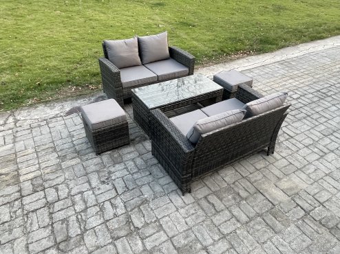 Fimous 5 Pieces Garden Furniture Sets Poly Rattan Outdoor Patio Furniture PE Wicker Furniture Set with 2 Small Footstool Loveseat and Table for Garden Backyard Dark Grey Mixed