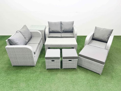 Fimous High Back Poly Rattan Garden Furniture Set with Reclining Chair Loveseat Sofa Oblong Coffee Table Indoor Outdoor Patio Set 3 Stools Side Table Light Grey