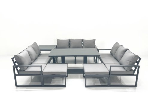 Fimous 11 Seater Garden Sofa Set Aluminium Furniture Rising Dining Tabe Set with Side Table 2 Big Footstools Dark Grey