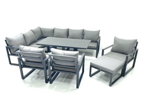 Fimous Aluminum Outdoor Garden Furniture Set Corner Sofa Big Footstool 3 Chairs Adjustable Rising Lifting Dining Table Sets Dark Grey