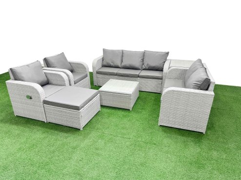 Fimous PE Rattan Garden Furniture Set Adjustable Chair Sofa Double Love Seat 2 Seater Sofa Lounge Set Square Coffee Table Big Footstool Side Table Light Grey