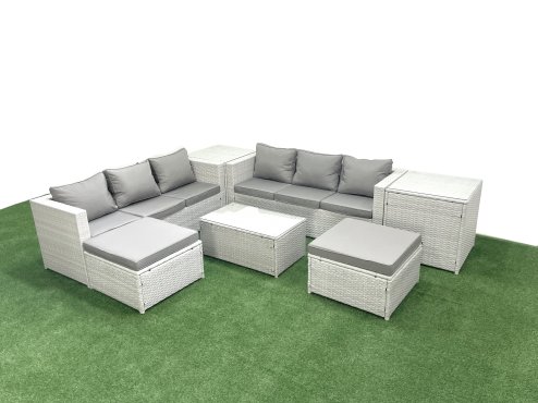 Fimous Garden Outdoor PE Rattan Furniture Set 8 Seater Rattan Garden Sofa Set with 2 Big Footstools 2 Side Tables Light Grey Mixed