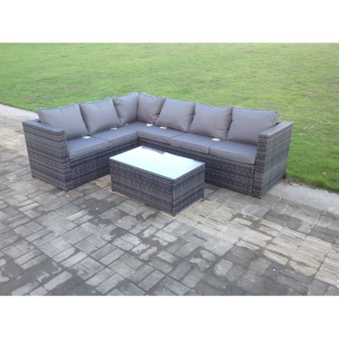 Fimous Rattan Corner Sofa Set Rectangular Oblong Coffee Table Outdoor Garden Furniture In Grey Mix 6 Seater With Seat And Back Cushion Left Hand