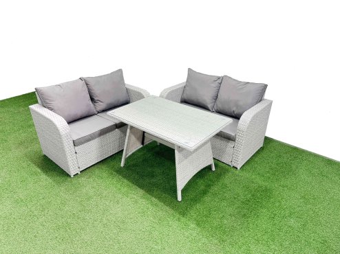 Fimous 4 Seat Outdoor Love Sofa Set Rattan Garden Furniture Set with Rectangular Dining Table Light Grey