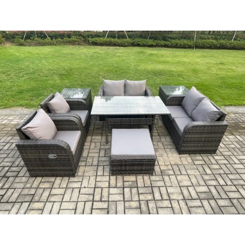 Fimous Rattan Outdoor Furniture Garden Dining Set Rectangular Table and Chair Sofa Set With 2 Side Tables Big Footstool Dark Grey Mixed