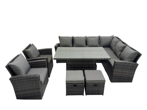 Fimous 10 Seat Rattan Garden Furniture Corner Sofa Set Outdoor Adjustable Lifting Dining or Coffee Table Set with 2 Small Footstools Dark Grey Mixed