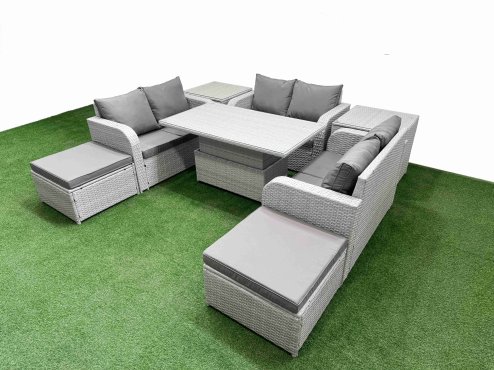 Fimous 8 Seater PE Wicker Rattan Furniture Sofa Sets with Adjustable Lifting Dining or Coffee Table 2 Seater Love Sofa 2 Big Footstool 2 Side Table Light Grey
