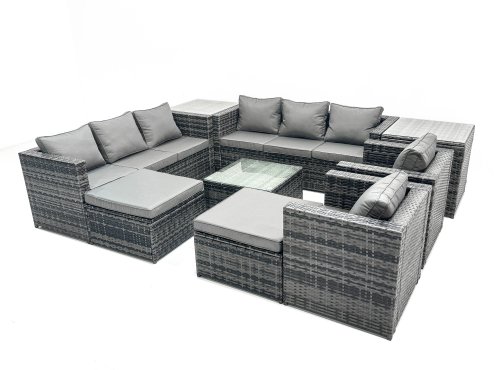 Fimous Outdoor Rattan Garden Furniture Set 10 Seater Patio Lounge Sofa Set with Armchair Square Coffee Table 2 Side Tables 2 Big Footstool Dark Grey Mixed