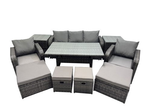 Fimous 8 Seat Outdoor Wicker PE Rattan Garden Furniture Set Dining Table Sofa Set with 4 Stools 2 Side Tables Dark Grey Mixed