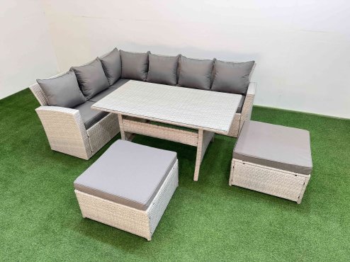 Fimous 8 Seater Rattan Garden Furniture Set Outdoor Patio Dining Corner Sofa Sets with Dining Table 2 Big Footstools Light Grey Mixed