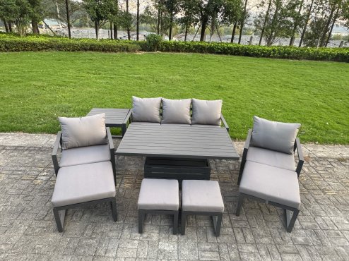 Fimous Aluminium Garden Furniture Sets 9 Seater Outdoor Sofa Set with Adjustable Rising Lifting Dining Table 2 Chairs 4 Footstools