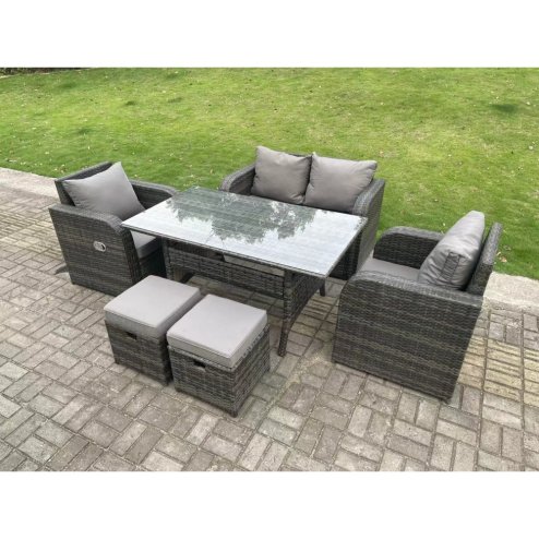 Fimous Dark Grey PE Wicker Rattan Garden Furniture Set Love Sofa Reclining Chair Outdoor Rectangular Dining Table Stools 6 Seater