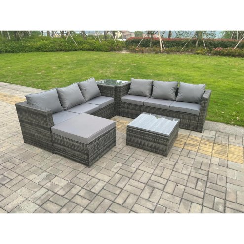 Fimous 7 Seater Dark Mixed Grey Rattan Corner Sofa Outdoor Garden Furniture With 2 Coffee Table Footstool