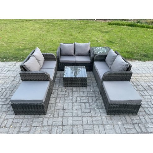 Fimous 8 Seater Outdoor Garden Furniture Sets Wicker Rattan Furniture Sofa Sets with Square Coffee Table Love seat Sofa 2 Big Footstool Side Table