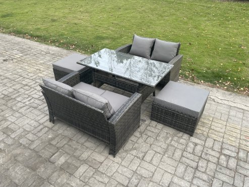 Fimous 6 Seater PE Wicker Rattan Garden Furniture Set Love Sofa Outdoor Rectangular Dining Table 2 Big Footstool Dark Grey Mixed