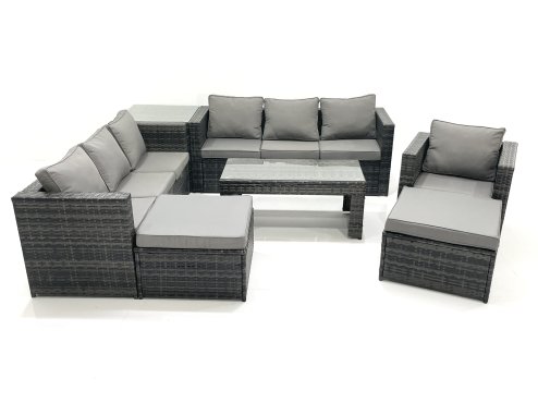 Fimous 9 Seater Rattan Garden Outdoor Furniture Set with 3 Seater Sofa Coffee Table 2 Big Footstool Side table