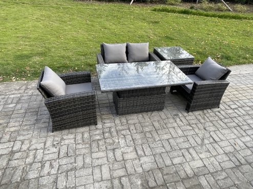 Fimous Outdoor Garden Dining Sets 4 Seater Rattan Patio Furniture Sofa Set with Rising Lifting Table Side Table Dark Grey Mixed