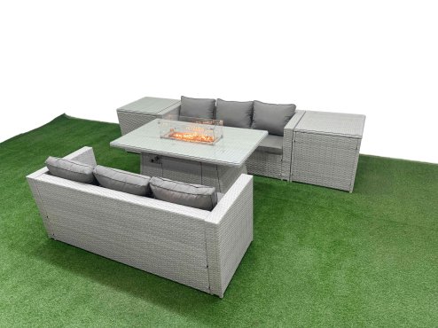 Fimous PE Rattan Lounge Sofa Set Outdoor Garden Furniture Set with Firepit Dining Table 3 Seater Sofa 2 Side Table Light Grey