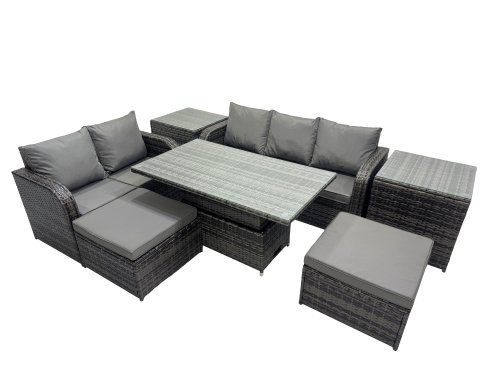 Fimous Rattan Garden Furniture Dining Set 7-seater Patio Height Adjustable Rising Lifting Table Sofa Set with 2 Side Tables Dark Grey Mixed