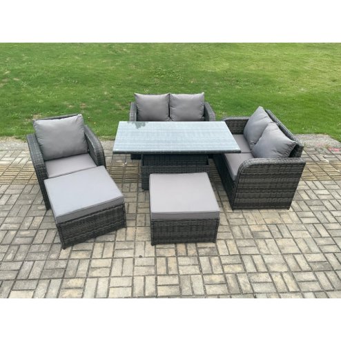 Fimous 7 Seater Rattan Furniture Garden Dining Set Outdoor Height Adjustable Rising lifting Table Love Sofa Chair With 2 Big Footstool