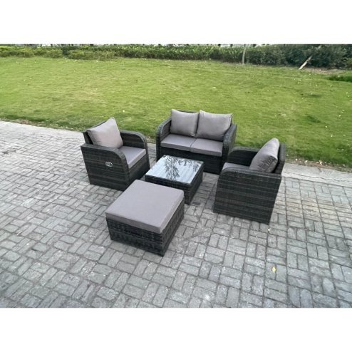 Fimous Wicker PE Rattan Garden Furniture Set Outdoor Lounge Sofa Set with Love Sofa Square Coffee Table Big Footstool Dark Grey Mixed