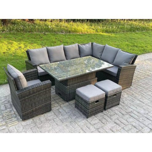 Fimous High Back Rattan Garden Furniture Corner Sofa Sets Adjustable Rising Table Dark Mixed Grey 9 seater right corner