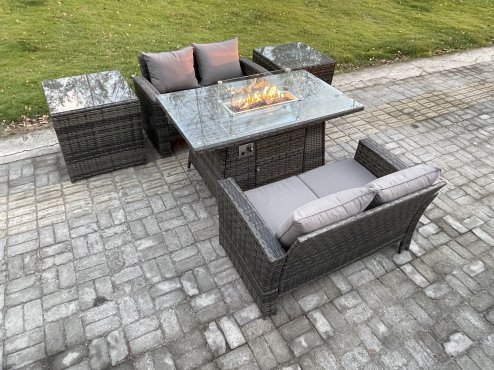 Fimous 4 Seater Rattan Garden Furniture Set Outdoor Lounge Sofa Chair Gas Fire Pit Dining Table Set With Double Seat Sofa 2 Side Tables