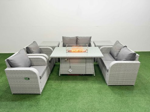 Fimous 6 Seater Outdoor Reclining Chair Love Sofa Set Rattan Garden Furniture Set with Firepit Dining Table 2 Side Tables Light Grey